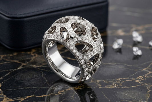 Designer white gold diamond ring with intricate openwork detailing