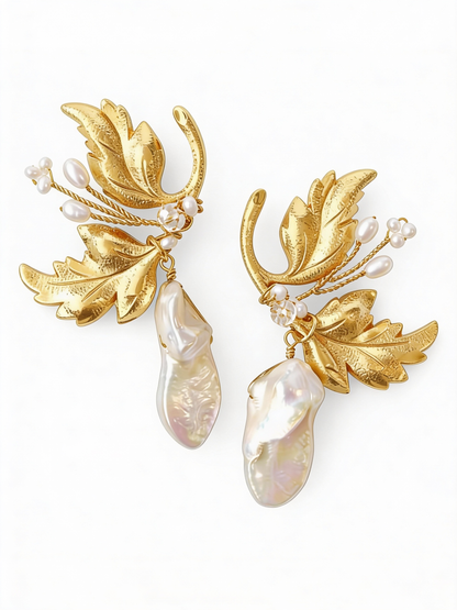 Leaf Me Be Pearl and Metal Earring