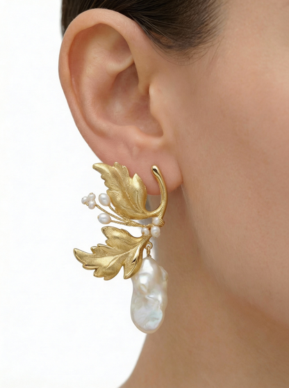 Leaf Me Be Pearl and Metal Earring