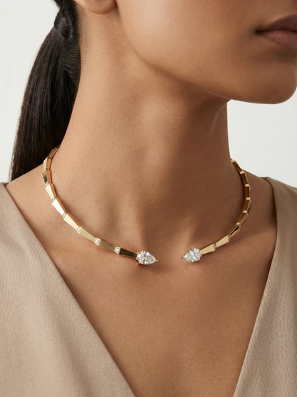Velora moissanite choker necklace worn on model – luxury silver jewellery by Aagami Jewellery
