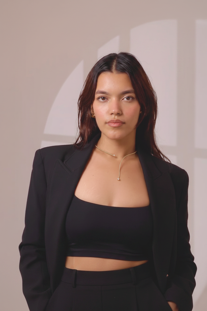 Model wearing the 925 sterling silver lariat neckpiece